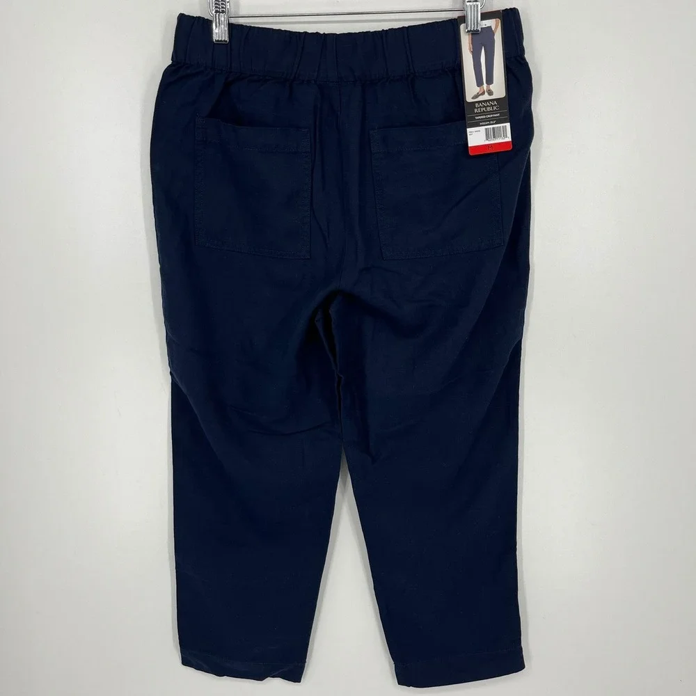 Banana Republic Women Navy Blue Tapered Crop Pant Elastic Waist Lyocell Linen M